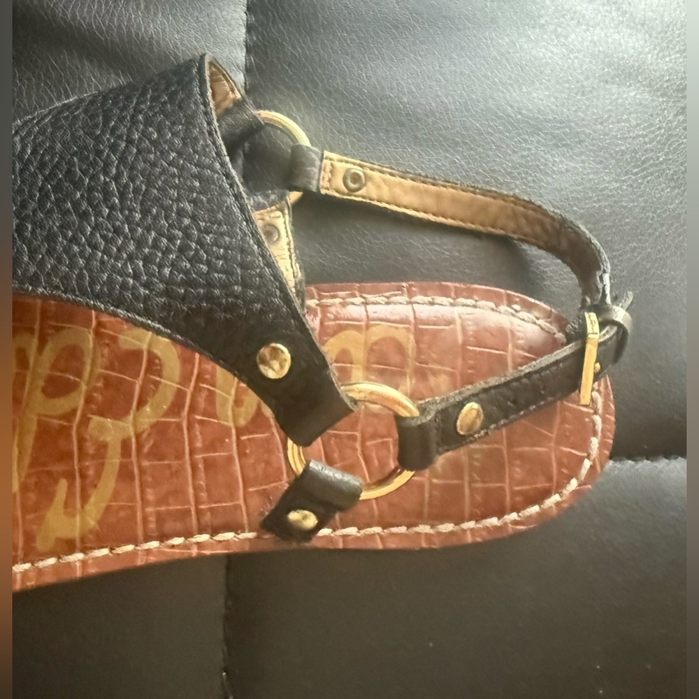 Sam Edelman Black & Brown Leather T-Strap Sandals Gold Hardware size 8.5 - Picture 4 of 6